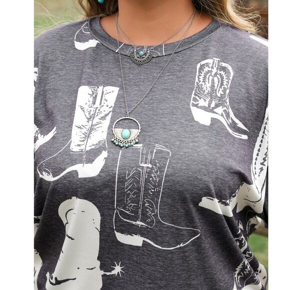 Gray Western Boots Print Crew Neck Short Sleeve Top Sizes: 1X  3X New - Picture 3 of 9